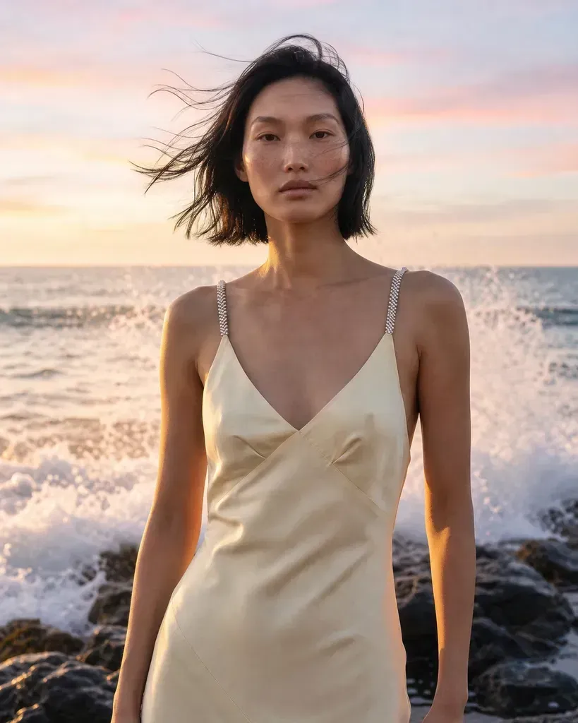 해질녘 바다를 배경으로 한 새틴 드레스 에디토리얼